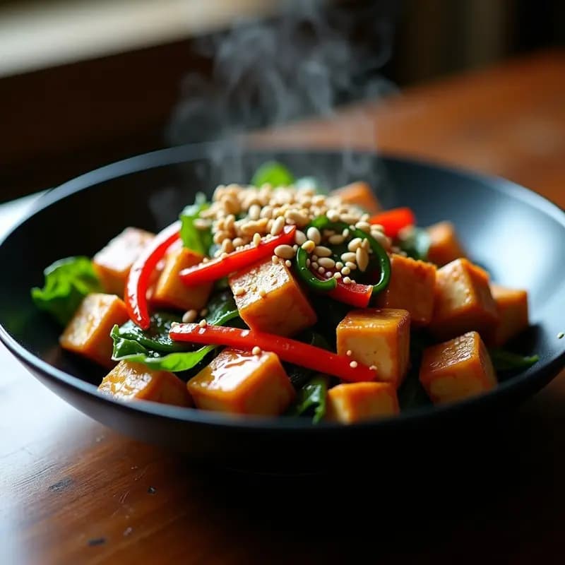 Wok de tofu dorado y verduras coloridas (pak choi, pimiento rojo y champiñones shiitake) bañadas en salsa teriyaki brillante, decorado con semillas de sésamo y cacahuetes picados. Plato servido en un bol negro sobre fondo de madera oscura.