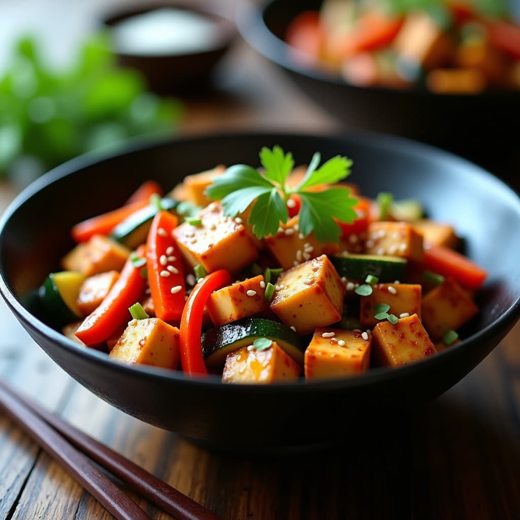 Wok de tofu dorado y verduras coloridas salteadas con salsa teriyaki sin soja, espolvoreado con semillas de sésamo y cilantro fresco. Plato japonés vegano y sin gluten servido en un bol de cerámica oscura.