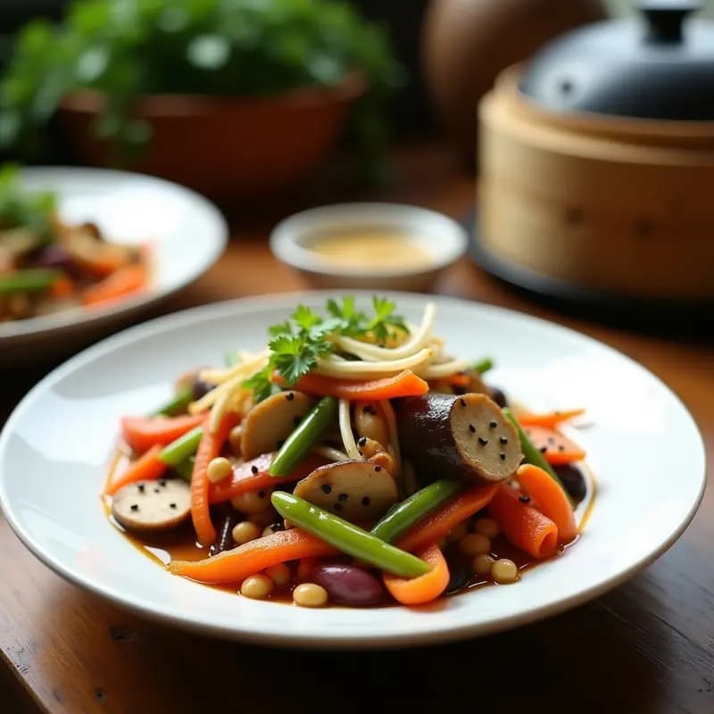 Wok de verduras coloridas salteadas con salsa de cacahuete cremosa, decorado con semillas de sésamo negro. Plato vegano chino alto en fibra, servido en cuenco de cerámica blanca sobre fondo de madera rústica.