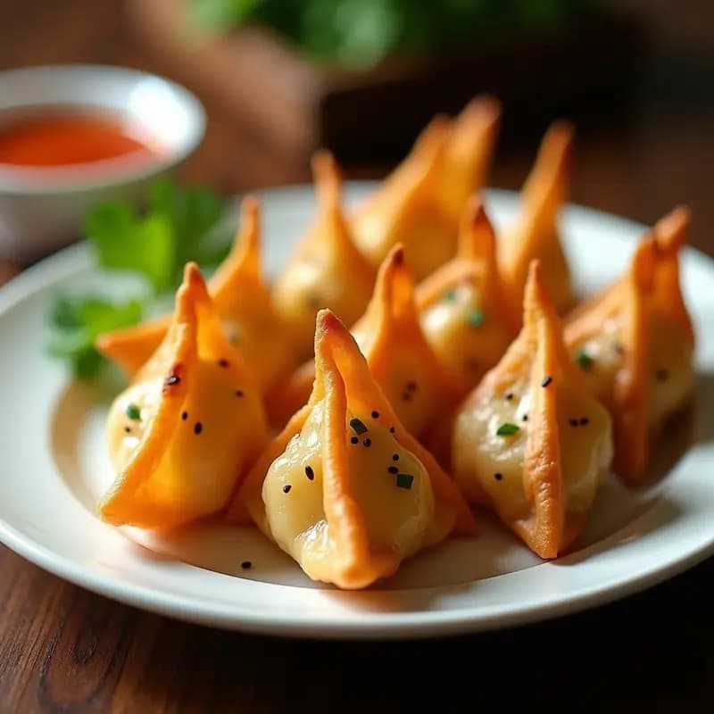 Wonton dorados y crujientes en forma de sombrerito, rellenos de camarones y cilantro, servidos en un plato blanco con salsa agridulce y decorados con hojas de cilantro fresco. Receta de wonton de camarones y cilantro en airfryer.