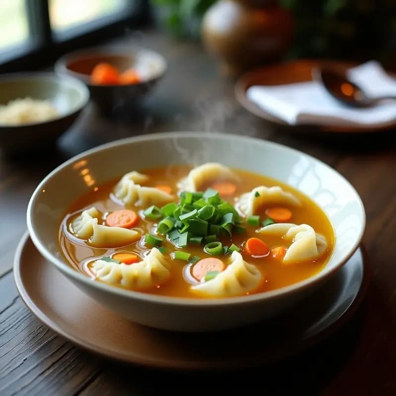 Bowl de porcelana blanca con Wonton Soup vegana: caldo dorado con wontons rellenos de calabacín y zanahoria, decorado con cebolla verde y aceite de sésamo, sobre fondo de madera oscura.