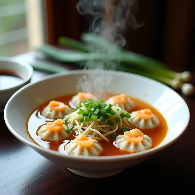 Cuenco hondo de cerámica blanca con wonton soup humeante, dumplings de camarón al vapor flotando en caldo dorado, decorados con cebolla verde picada y brotes de soja, sobre fondo de madera oscura.
