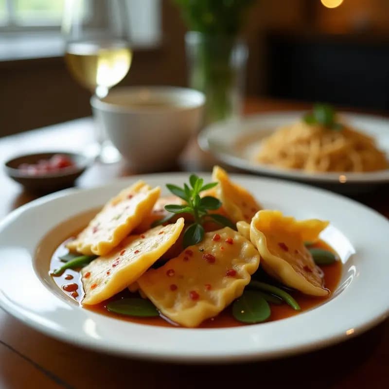 Plato hondo con wontons veganos rellenos de espinacas y tofu sedoso, algunos en caldo transparente con cebollino picado y otros dorados fritos, sobre fondo de madera oscura con palillos chinos.
