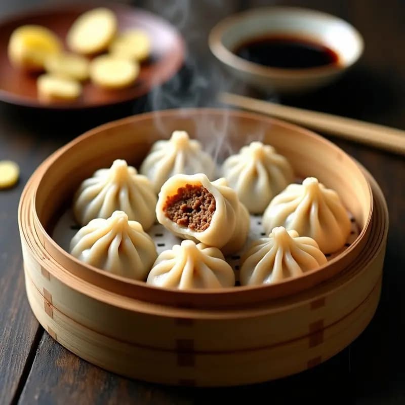 Vista superior de Xiao Long Bao al vapor en una cesta de bambú, mostrando el relleno jugoso de cerdo y jengibre, con pliegues perfectos en la masa y gotas de caldo brillante.