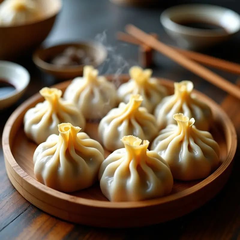 Plato de bambú con Xiao Long Bao veganos al vapor, dumplings chinos con masa translúcida y relleno de champiñones y jengibre, cortado uno para mostrar el caldo sorpresa en su interior, acompañado de salsa de soja oscura y perejil fresco.