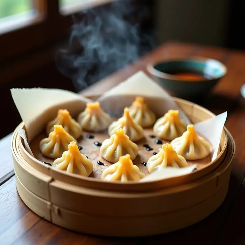 Xiao Long Bao veganos al vapor con hongos shiitake, dispuestos en vaporera de bambú sobre papel de horno. Empanadillas chinas con pliegues detallados, decoradas con trozos de nori y brillantes por el vapor, servidas con salsa de soja y jengibre al lado.