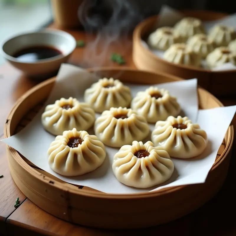 Xiao Long Bao veganos al vapor con relleno de champiñones shiitake, dispuestos en vaporera de bambú sobre papel de hornear, brillantes y translúcidos, con hojas de cilantro fresco como decoración.