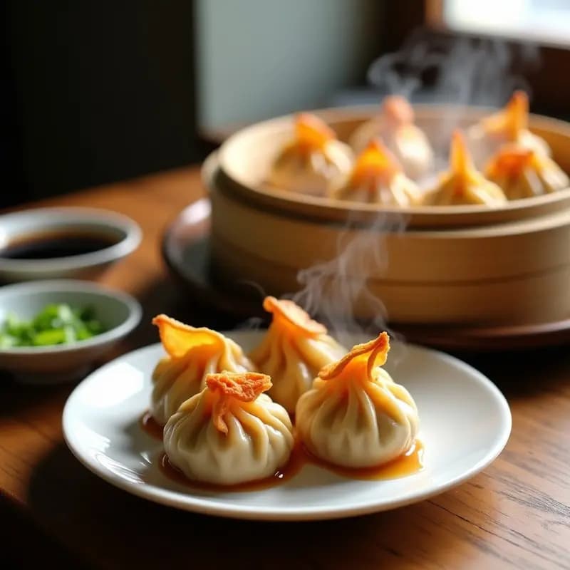 Xiaolongbao de cerdo y cangrejo dorados en airfryer, con masa fina y brillante, rellenos jugosos y caldo gelatinizado, servidos en cesta de bambú con salsa de soja.