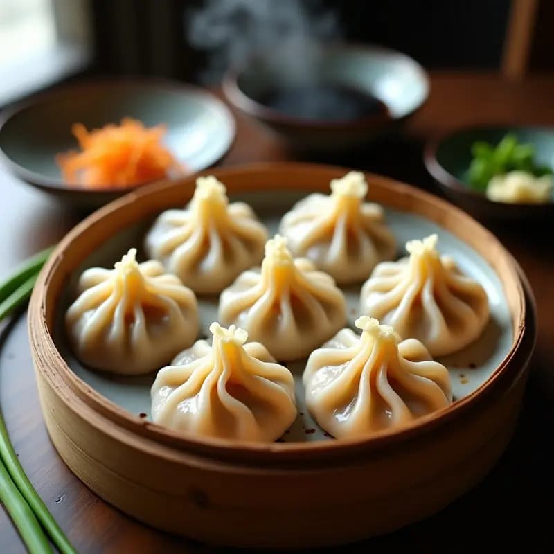 Xiaolongbao de cerdo y jengibre en cesta de bambú, con masa fina y pliegues perfectos, rellenos de jugoso caldo gelatinizado y carne de cerdo especiada, servidos sobre hojas de col china en vaporera tradicional.