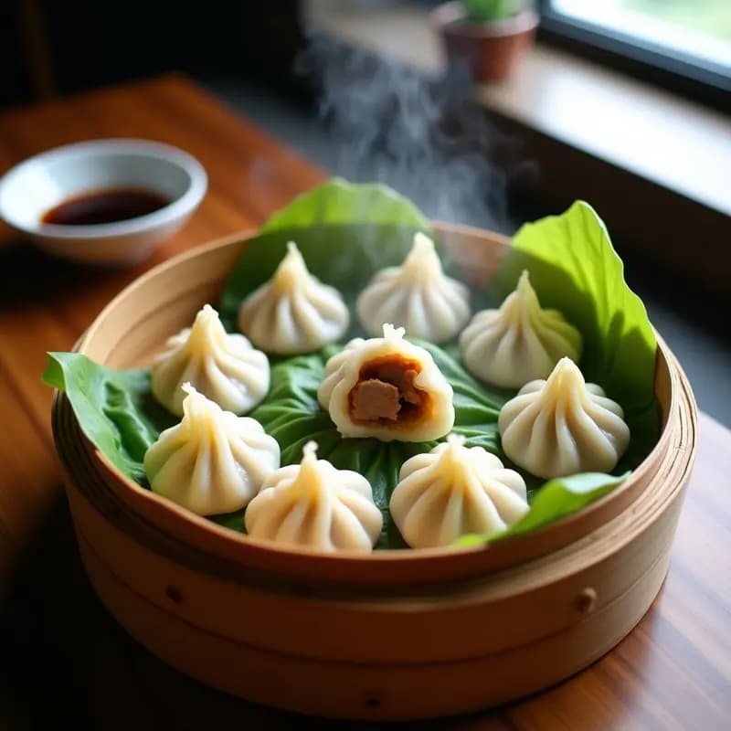 Cesta de bambú abierta con xiaolongbao de cerdo y sopa al vapor, masa translúcida con pliegues detallados, relleno jugoso visible al cortar uno, servidos sobre hojas de repollo chino.