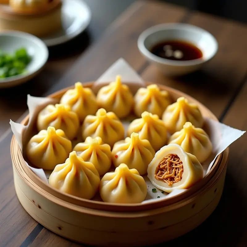 Xiaolongbao veganos al vapor con relleno de jackfruit y jengibre, servidos en vaporera de bambú sobre mesa de madera. Caldo de miso brillante asomando al cortar una empanadilla, acompañados de salsa de soja y cebollino picado.