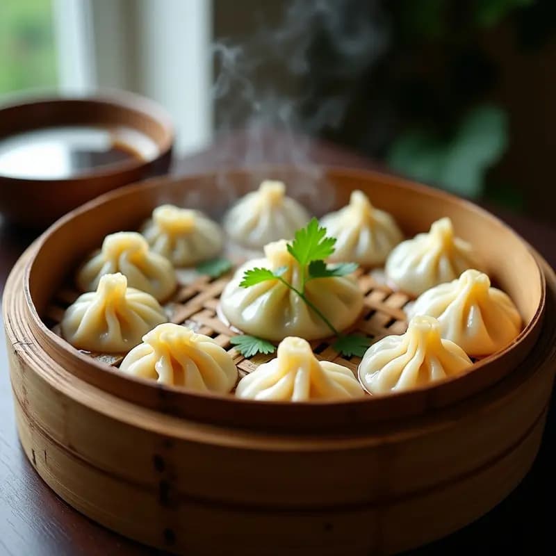 Plato blanco con xiaolongbao veganos al vapor, rellenos de setas shimeji y tofu sedoso, con caldo de jengibre en su interior, decorados con cilantro fresco y servidos con salsa de soja.