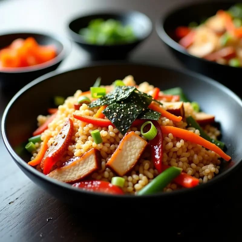 Wok de acero con yakimeshi de arroz frito japonés, cerdo dorado en tiras, zanahoria naranja, pimiento rojo y huevo revuelto, decorado con semillas de sésamo, cebollino y alga nori, sobre fondo de madera oscura.