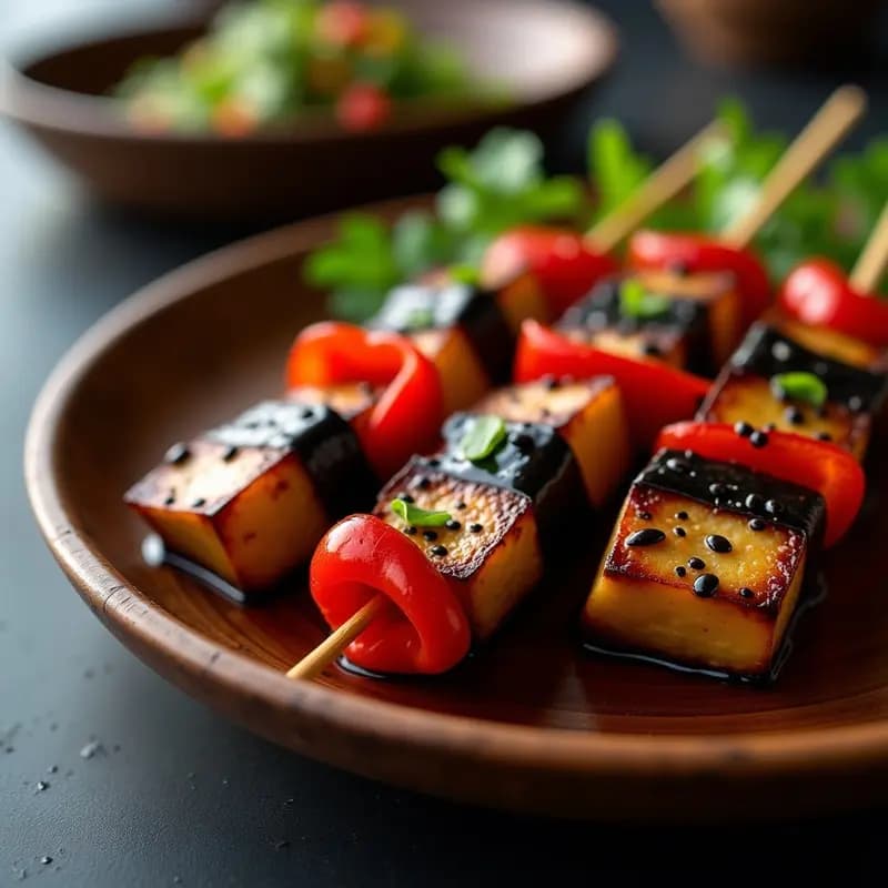 Brochetas yakitori veganas de berenjena y pimiento rojo asadas en grill, brillantes por el glaseado de mirin y espolvoreadas con semillas de sésamo negro, servidas en plato de madera con fondo borroso.