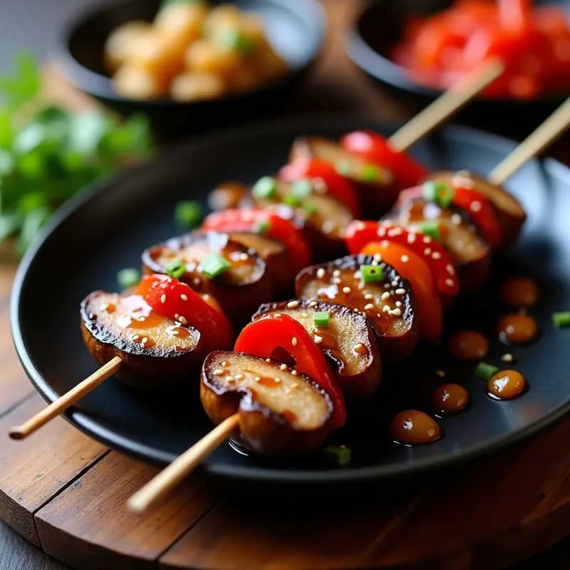 Brochetas japonesas veganas de yakitori con champiñones portobello glaseados en teriyaki, cebolla morada y pimiento rojo, servidas en plato de cerámica negra con semillas de sésamo negro espolvoreadas y fondo borroso de cocina tradicional.