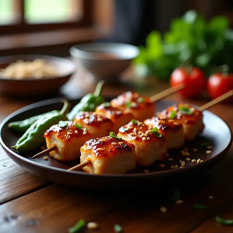 Brochetas de yakitori de pollo y pimiento shishito asadas a la parrilla, brillantes por el glaseado teriyaki, espolvoreadas con semillas de sésamo y servidas sobre un plato de madera con cebolla morada caramelizada.