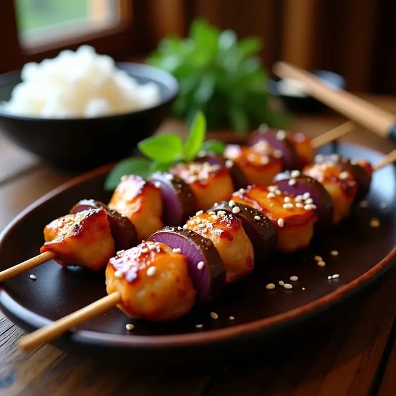 Brochetas de yakitori japonés con trozos de pollo dorado, hongos shitake brillantes y cebolla morada, glaseadas con mirin, servidas en un plato de madera con semillas de sésamo espolvoreadas.