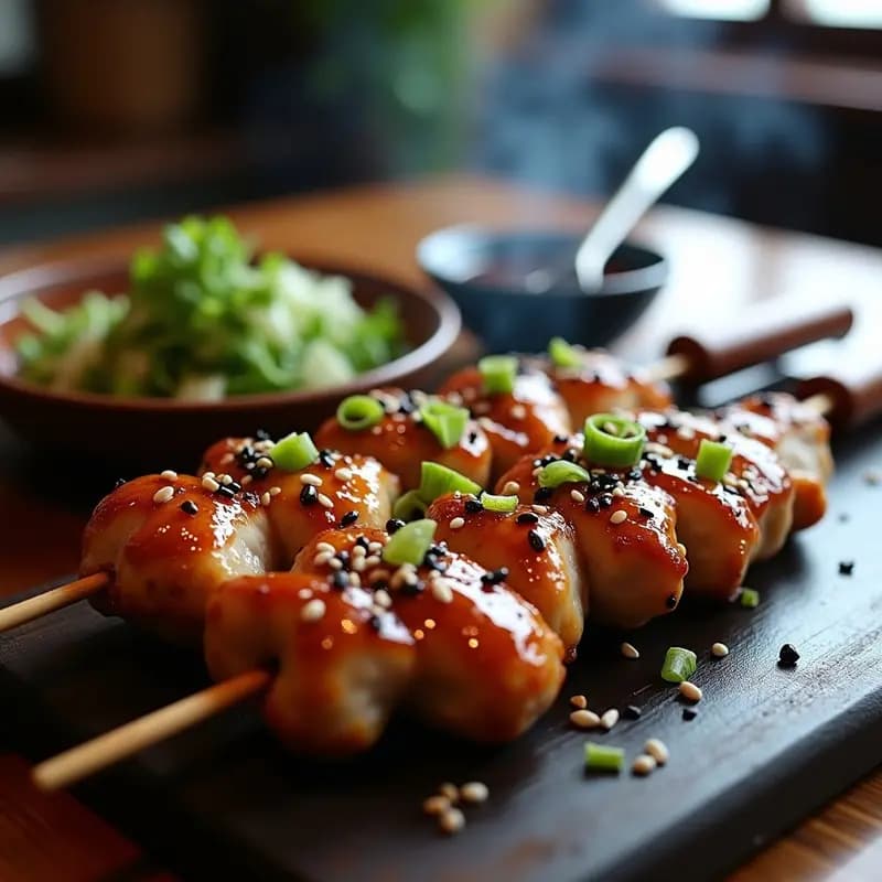 Brochetas de yakitori de pollo teriyaki doradas en el grill, bañadas en glaseado brillante, espolvoreadas con semillas de sésamo blanco y decoradas con cebolla verde fresca. Plato tradicional japonés listo para servir.