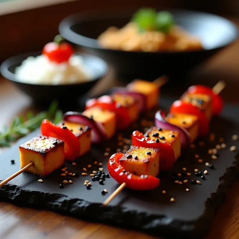 Brochetas japonesas veganas de yakitori con cubos dorados de tofu, trozos de pimiento rojo asado y cebolla morada caramelizada, glaseadas con salsa tare brillante. Servidas sobre una bandeja de madera con semillas de sésamo negro espolvoreadas y acompañadas de un bol pequeño con salsa extra para mojar.