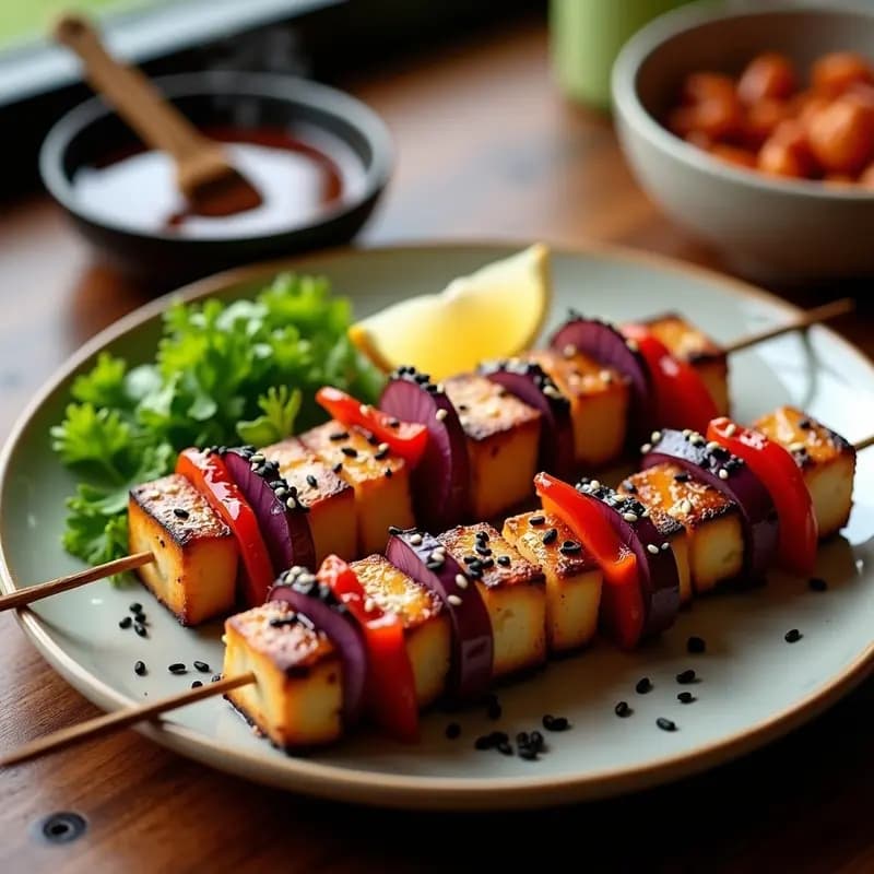 Brochetas japoneses yakitori de tofu teriyaki vegano asadas en grill, con cubos dorados de tofu, cebolla morada y pimiento rojo, glaseadas con salsa teriyaki brillante y espolvoreadas con semillas de sésamo negro y blanco.