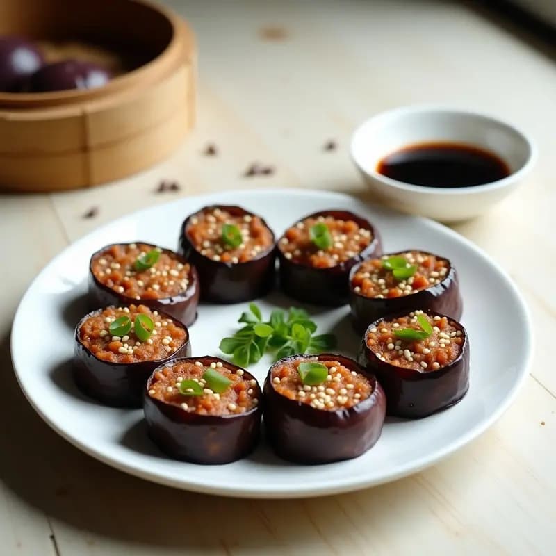 Rollitos de Yapchik coreano de berenjena y carne picada dorados al horno, servidos en un plato blanco con semillas de sésamo y cebollino fresco, acompañados de salsa de soja.