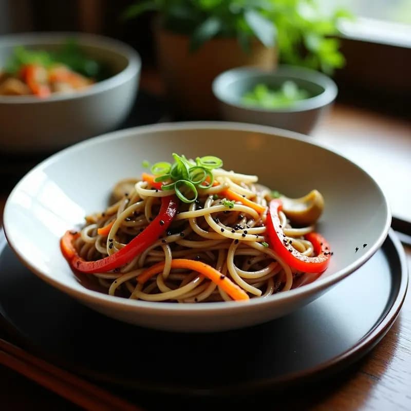 Plato hondo de cerámica negra con Yasai Itame Japonés: fideos soba marrones entrelazados con brócoli verde vibrante, zanahoria naranja en juliana, pimiento rojo y champiñones shiitake salteados, bañados en una salsa teriyaki brillante y espolvoreados con semillas de sésamo negro.