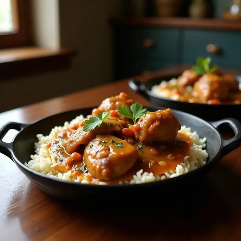 Plato tradicional senegalés de Yassa de pollo con cebollas caramelizadas y salsa de mostaza, servido en un bol de barro con arroz jazmín al lado.