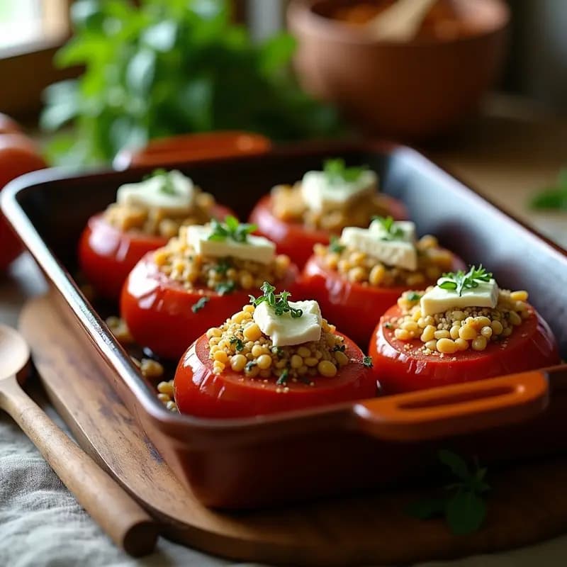 Yemista Griega de Berenjena y Tomate rellenos de arroz basmati, queso feta y hierbas frescas, horneados al estilo tradicional griego en bandeja rústica de barro.