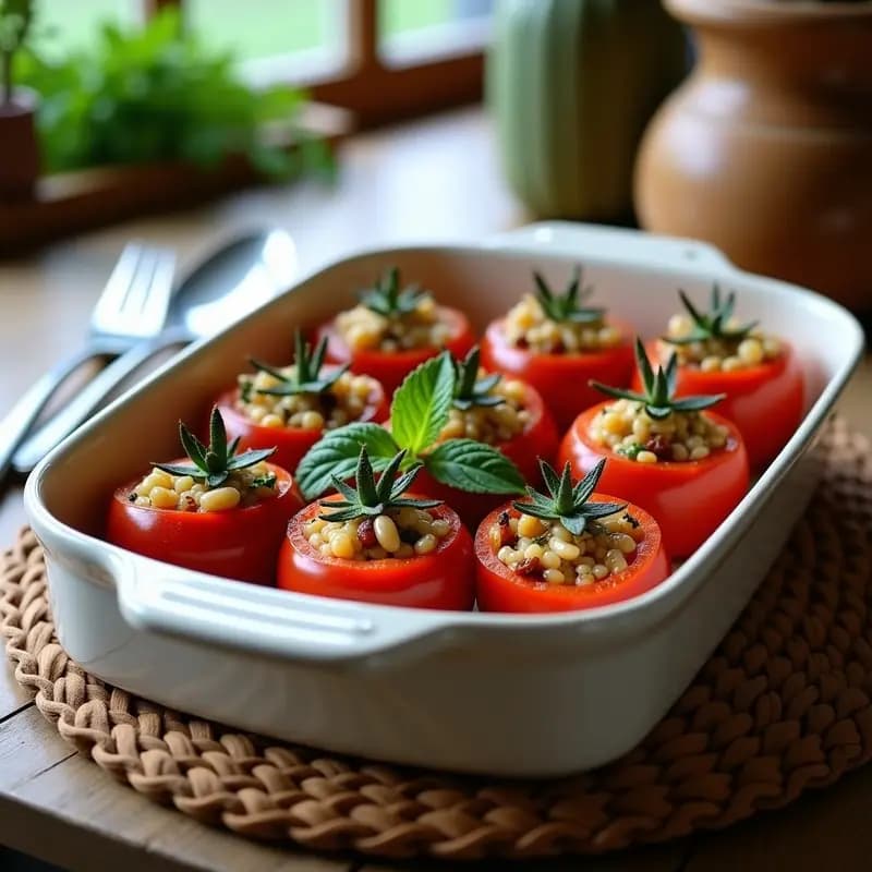 Fuente de horno con Yemista Griega: tomates y pimientos rojos rellenos de arroz integral, piñones y hierbas, dorados al horno, decorados con menta fresca y un hilo de aceite de oliva.