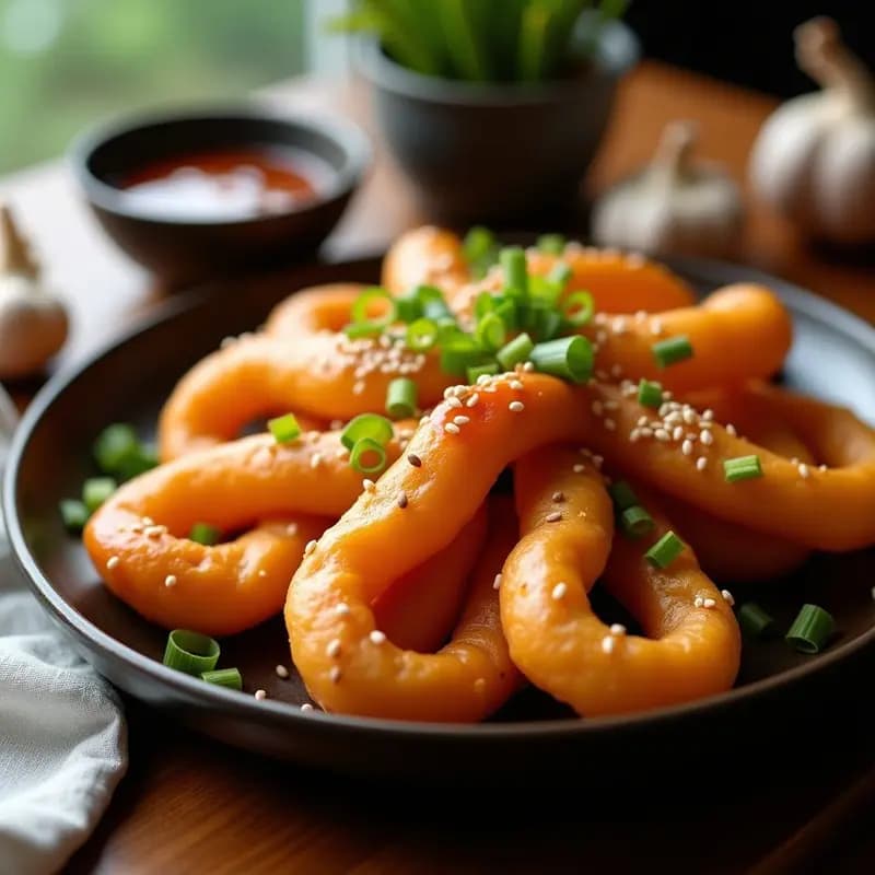 Rosquillas youtiao chino veganas doradas y crujientes en forma alargada, bañadas en salsa de soja y ajo, servidas en plato de cerámica negra con semillas de sésamo espolvoreadas y cebollino fresco. Receta de youtiao en airfryer.