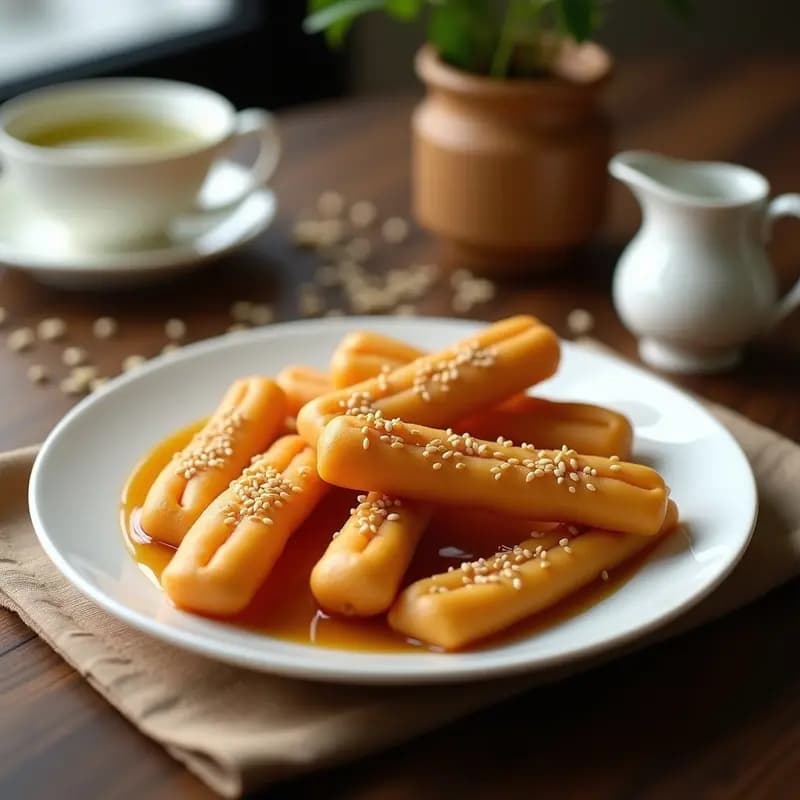 Plato blanco con palitos de youtiao chino dorados y crujientes, bañados en leche condensada brillante y espolvoreados con semillas de sésamo tostado, sobre fondo rústico de madera con té verde al lado.