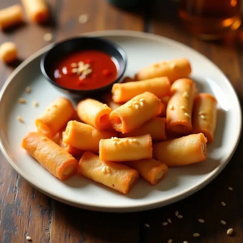 Youtiao chino vegano dorado y crujiente servido en un plato de cerámica blanca con salsa de chile dulce espesa de color rojo brillante, espolvoreado con semillas de sésamo y cebollino fresco. Fondo borroso con utensilios de cocina tradicionales chinos.