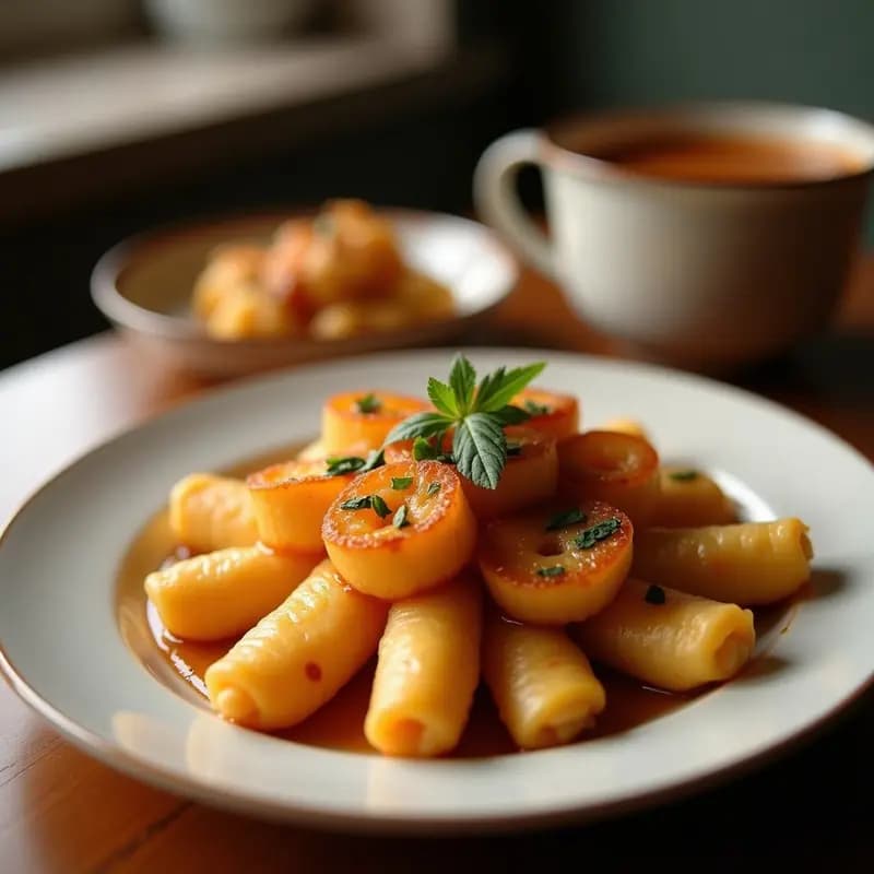 Youtiao chino dorado y crujiente cortado en trozos, servido en un plato blanco con salsa de soja dulce espesa y brillante, espolvoreado con semillas de sésamo y cebollino picado. Receta tradicional china de pan frito.
