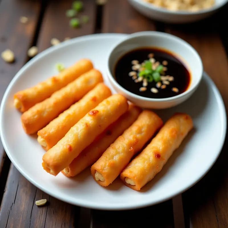 Youtiao chino dorado y crujiente servido en un plato de cerámica blanca con salsa de soja y jengibre espesa, espolvoreado con semillas de sésamo y cebollino fresco, fondo de madera oscura.