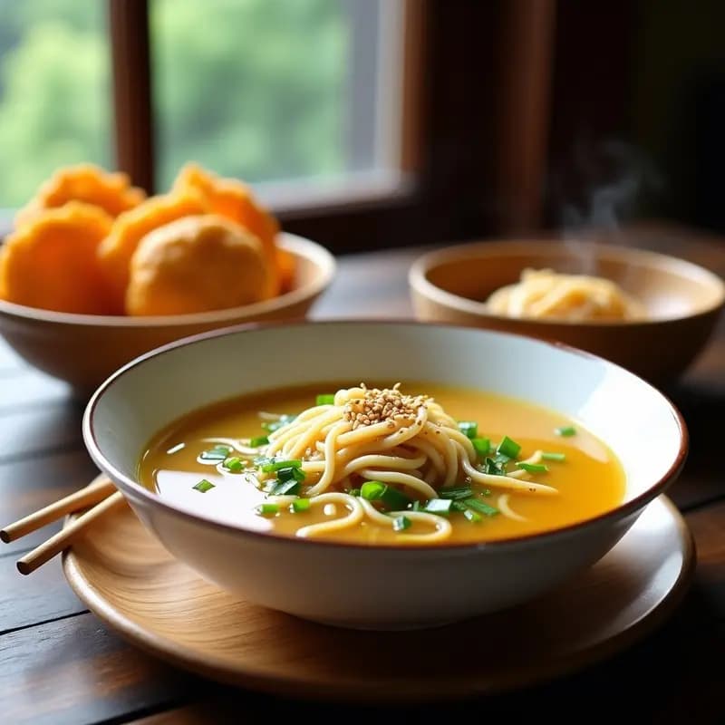 Bol de cerámica blanca con sopa de fideos humeante, caldo dorado y hierbas frescas, acompañada de palitos de youtiao dorados y crujientes sobre un plato de bambú, desayuno chino tradicional.