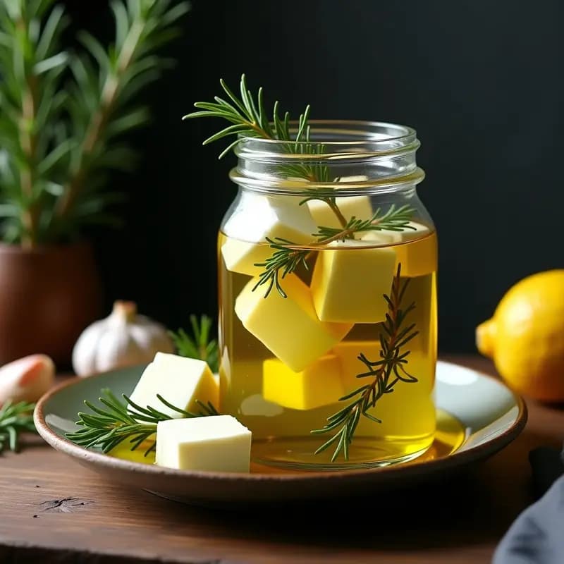 Tarro de vidrio transparente con cubos de queso feta fermentado sumergidos en aceite de oliva dorado, rodeados de hierbas griegas frescas como tymo, romero y laurel. Receta tradicional de Zalivani Sire sobre fondo rústico de madera.