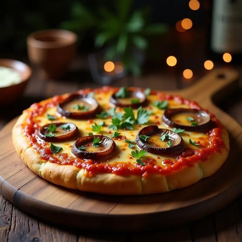 Zapiekanka polaca recién horneada sobre tabla de madera, con base de pan baguette tostado, champiñones shiitake dorados, queso Gouda ahumado derretido y gratinado, decorada con perifollo fresco. Plato de fondo borroso con ambiente rústico.