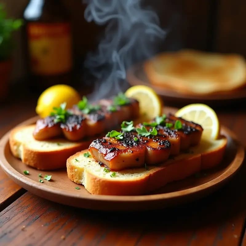 Plato rústico de madera con zarajos a la brasa dorados sobre rebanadas de pan de Cristian tostado, espolvoreados con perejil y acompañados de gajos de limón, receta tradicional murciana.