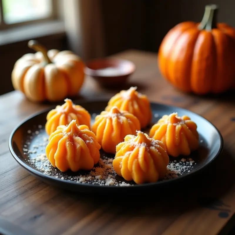 Plato blanco con zeppole de calabaza y ricotta apiladas, doradas y esponjosas, glaseadas con miel naranja y decoradas con semillas de calabaza, sobre fondo de mesa rústica con hojas de otoño y velas para ambiente de Halloween.