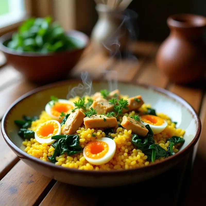 Plato hondo de barro con Zlutá Ryza eslovaca: arroz amarillo brillante con trozos de pollo dorado, espinacas verdes frescas y huevos duros cortados por la mitad, espolvoreado con perejil. Receta tradicional eslovaca en sartén.