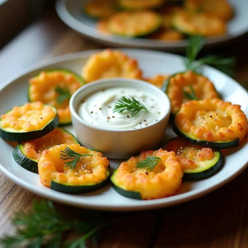 Plato de zucchini frites doradas y crujientes servidas con un dip cremoso de yogur de soja y eneldo, decoradas con hierbabuena fresca sobre una mesa rústica de madera con toque griego.
