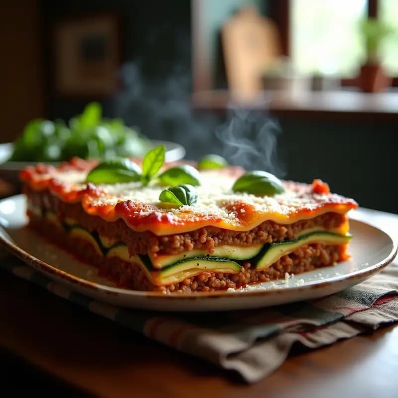 Fuente de horno rectangular con zucchini lasagna keto en capas: láminas de calabacín, carne molida especiada y cremosa mezcla de ricotta y parmesano gratinado, decorada con albahaca fresca.