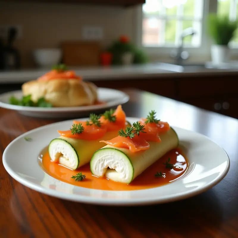 Plato blanco con Zucchini Rolls rellenos de queso crema y salmón ahumado, decorados con semillas de sésamo negro y hojas de aneto, sobre un fondo rústico de madera. Receta keto y baja en carbohidratos.