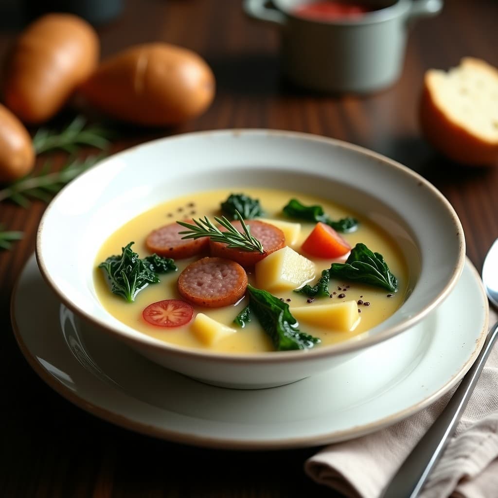 Plato hondo de cerámica blanca con Zuppa Toscana Vegana: caldo cremoso con rodajas de salchicha de seitán ahumada, trozos de patata roja, tiras de col rizada verde intenso y un toque de aceite de oliva. Fondos de romero y pimienta negra sobre una mesa de madera rústica.