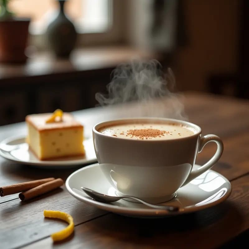 Taza de porcelana blanca humeante con zurra condesa con brandi y huevos, espolvoreada con canela, junto a un plato con bizcocho casero para mojar y una rama de canela en primer plano.