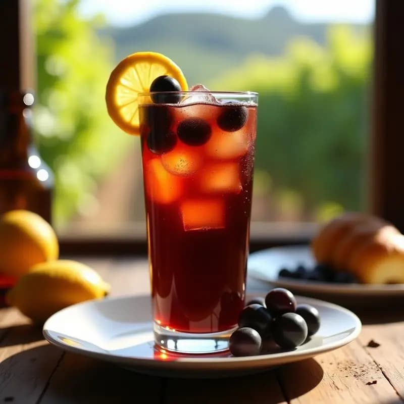 Vaso alto de cristal con zurracapote murciano, bebida oscura y refrescante con hielo, rodajas de limón y uvas negras alrededor, sobre una mesa rústica de madera con fondo de viñedos.