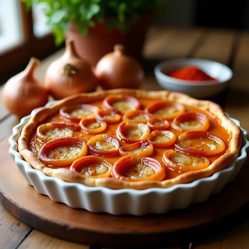 Tarta salada redonda dorada con cebolla caramelizada, anchoas y pimentón, sobre molde de cerámica blanca, receta Zwiebelkuchen Española.