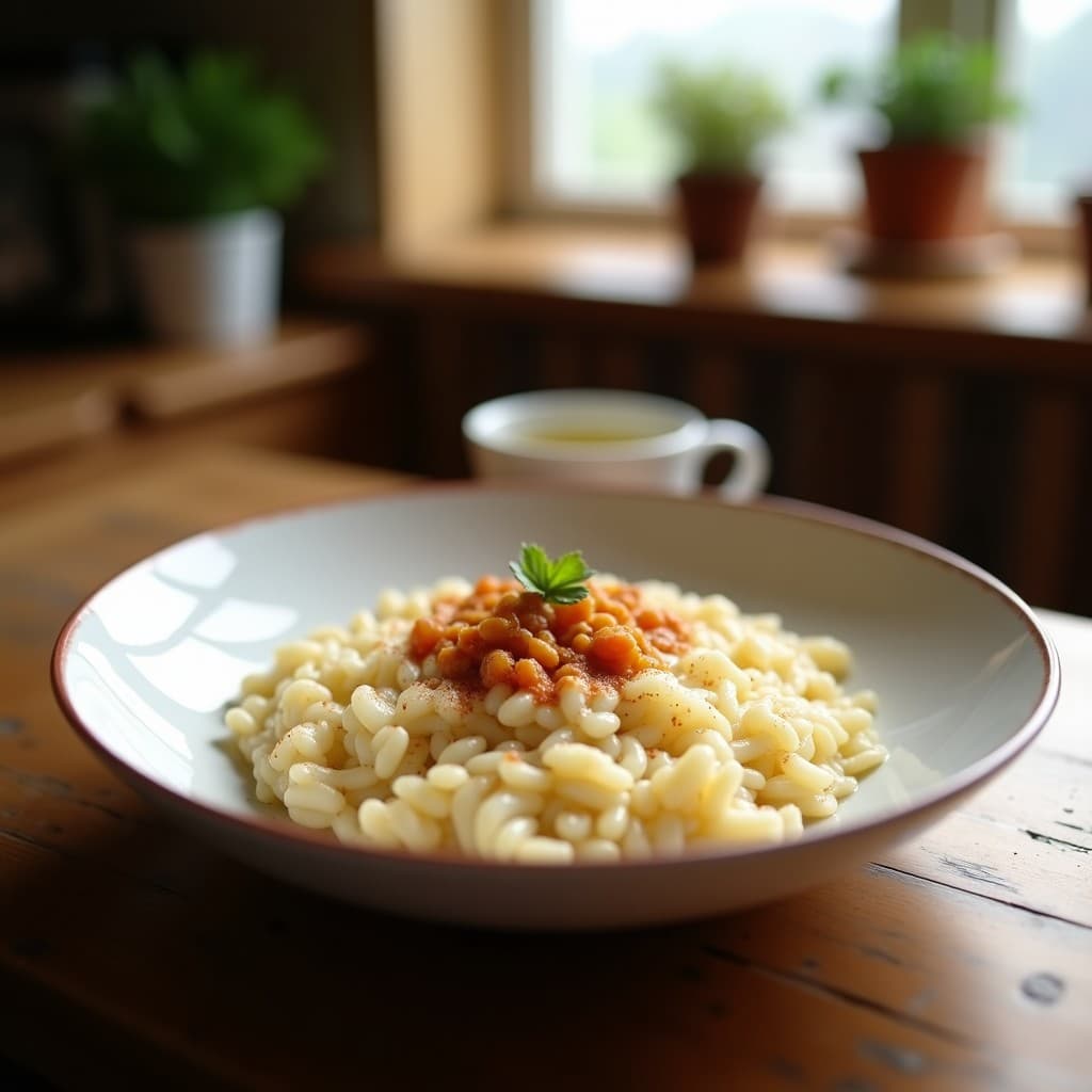 Foto de un delicioso arroz con leche asturiano tradicional, con una capa de azúcar requemada crujiente, en un plato de cerámica
