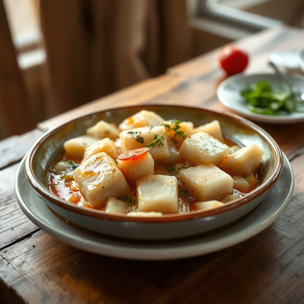 Bacalao al Pil Pil vasco con salsa de aceite y ajo, lista para servir en una olla de barro