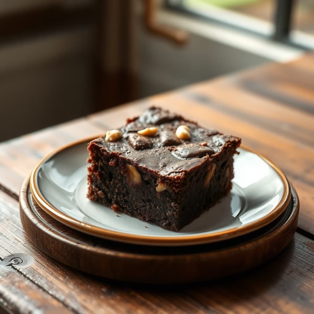 Brownie de chocolate americano con nueces, textura fudgy y costra crujiente, lista para servir